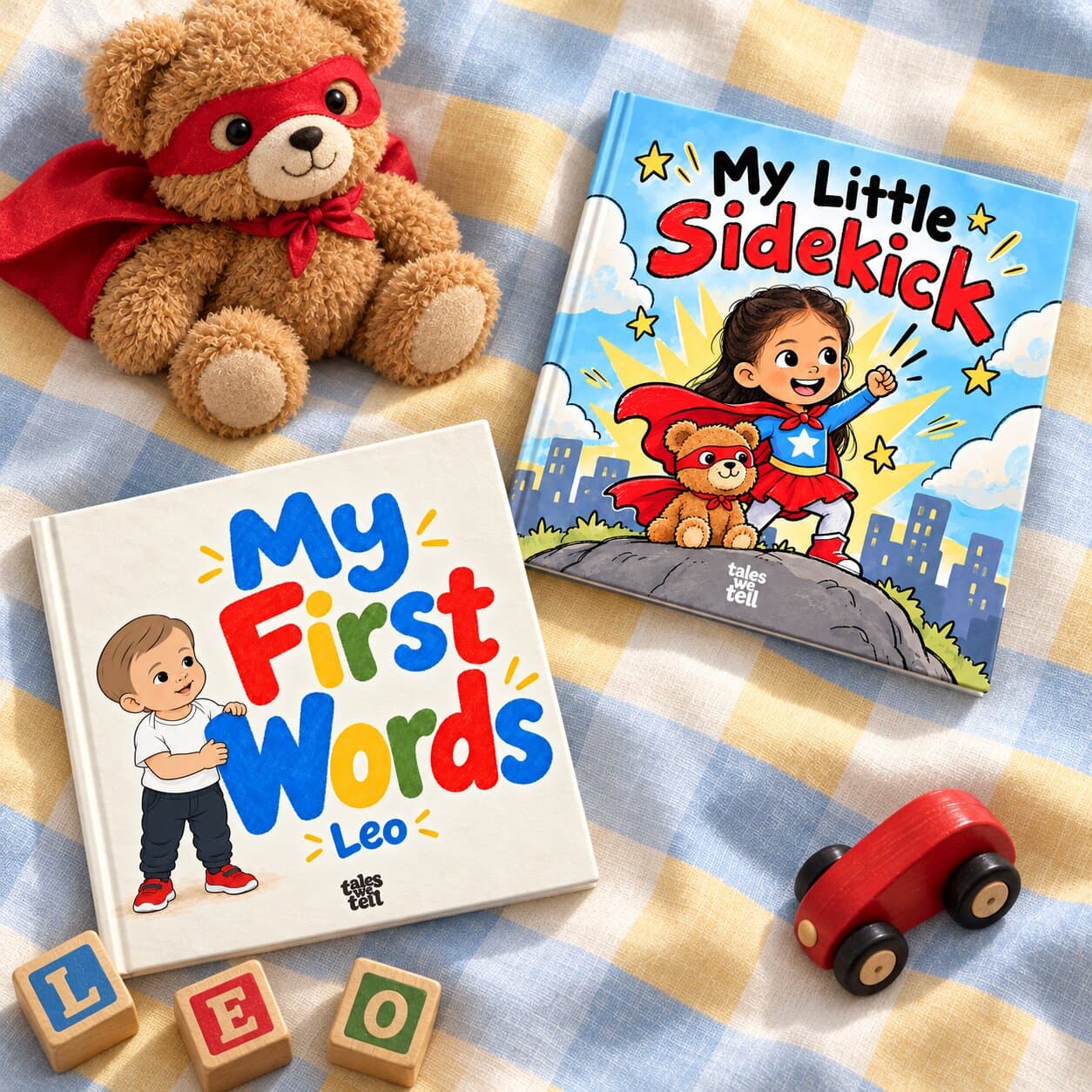 My First Words for Leo and My Little Sidekick lying on a gingham blanket, with a teddy in a red superhero mask and cape, a wooden toy car and L, E, O letter blocks