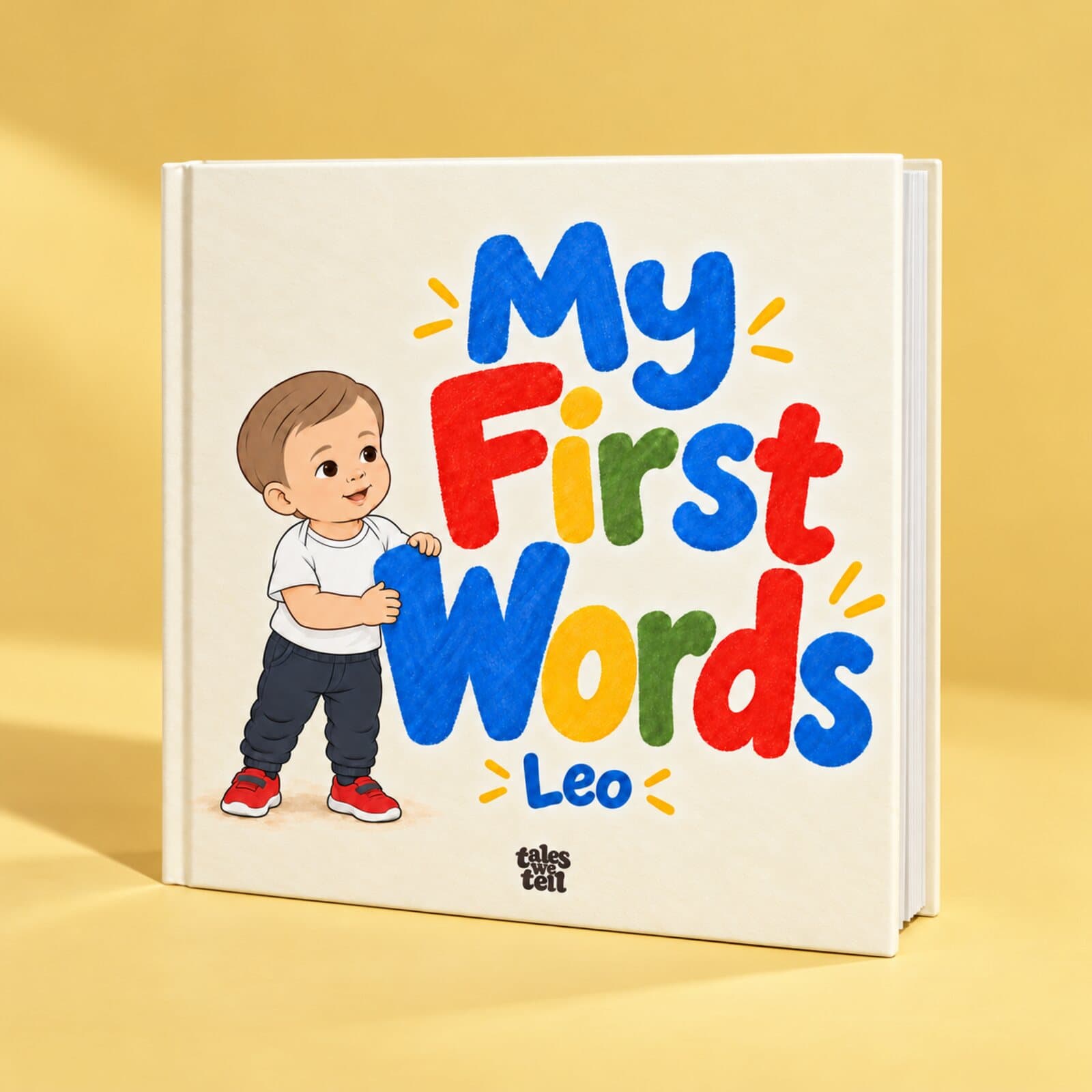 My First Words for Leo: a cream hardback with Leo holding the big, colourful letters of the title