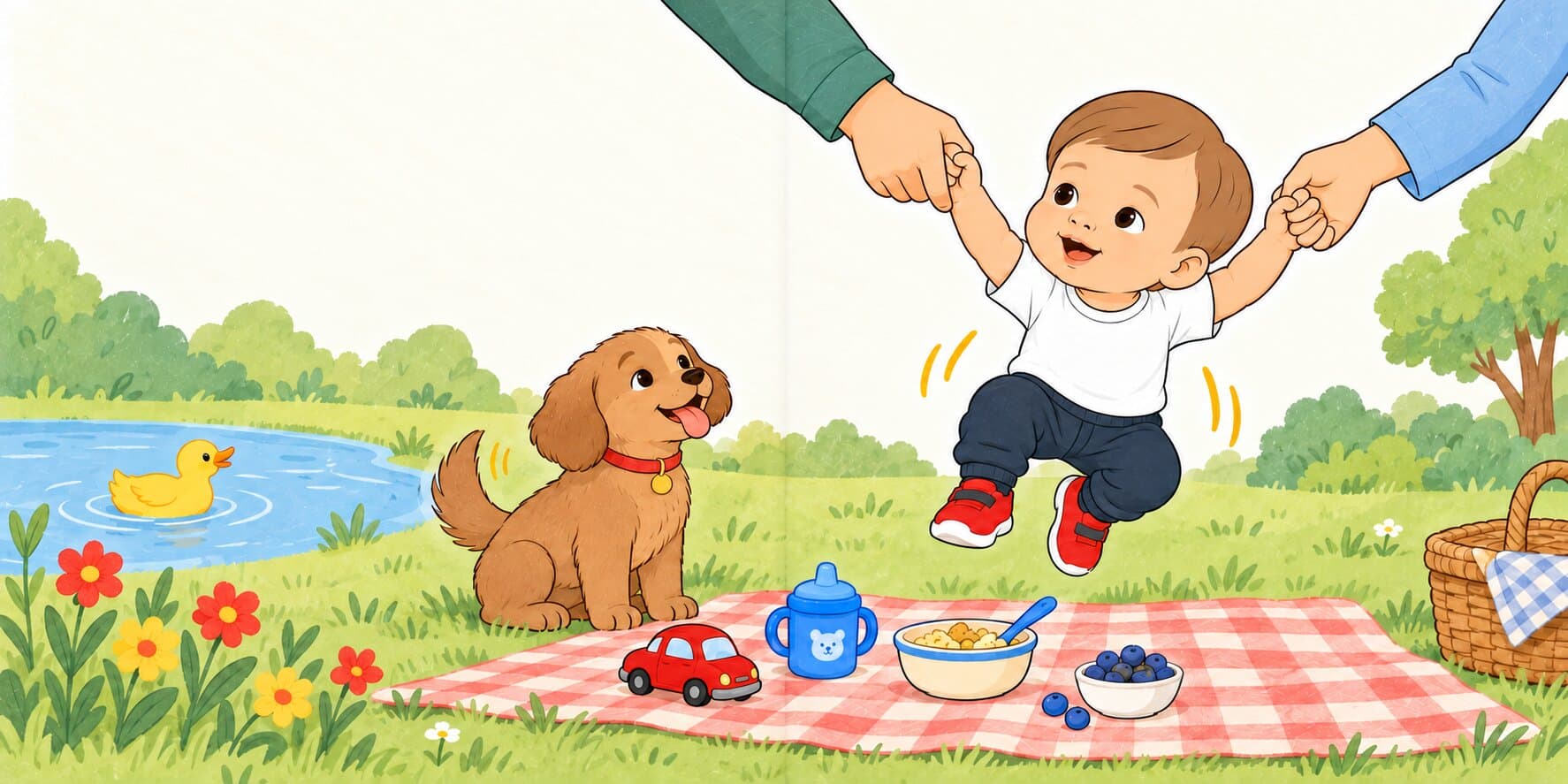 The finale spread: Leo swung between two grown-ups at a picnic, with Biscuit the dog, a duck on the pond, flowers, a toy car and blueberries hidden around the scene