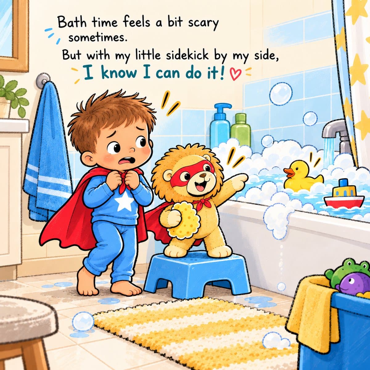 A page from My Little Sidekick: Leo, in his blue pyjamas, and his real toy lion face bath time together