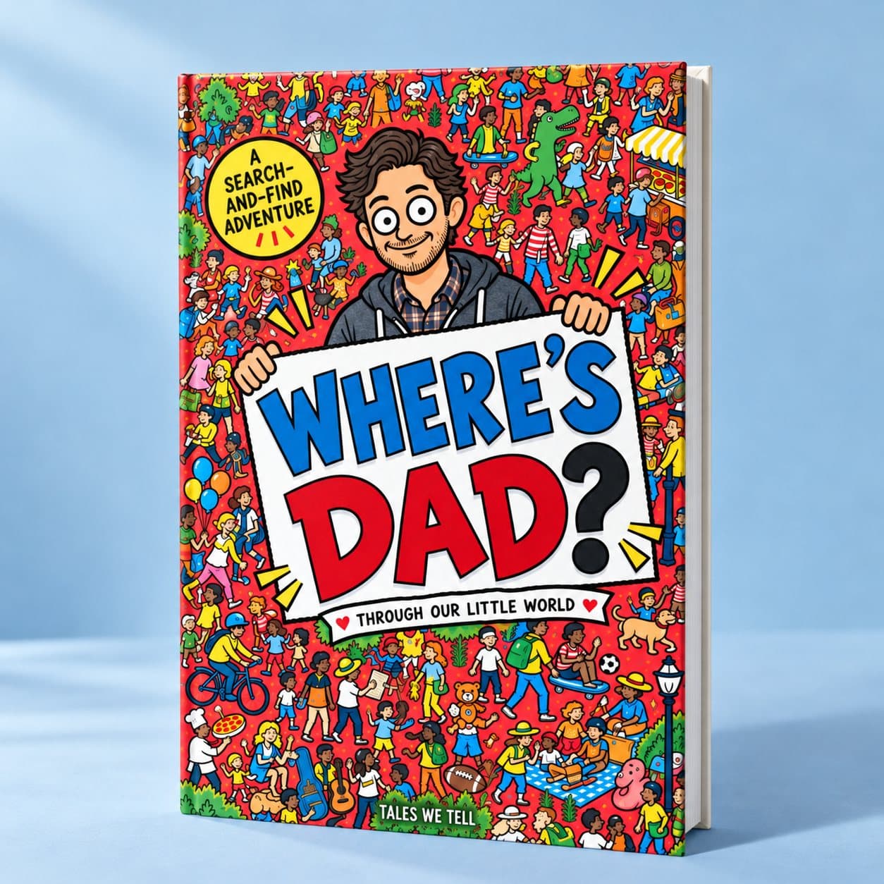 Where’s Dad? standing up: Dad holds the big title sign over a crowded red cover, with “A search-and-find adventure” in a yellow badge