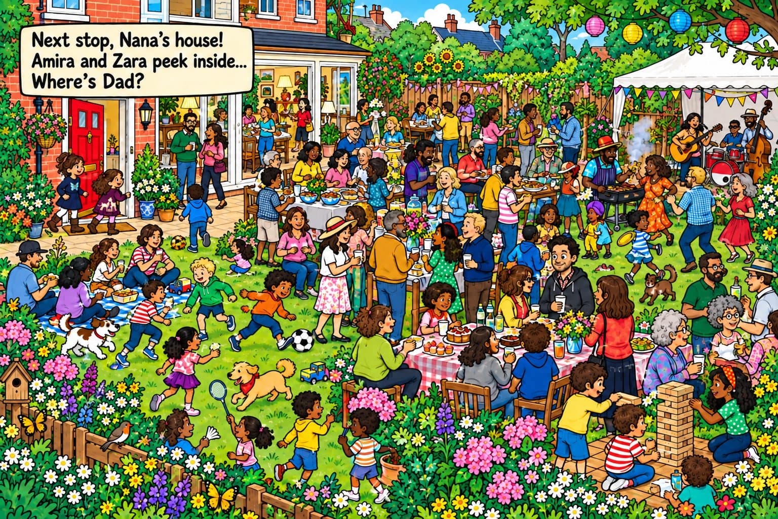 A garden party spread: “Next stop, Nana’s house! Amira and Zara peek inside… Where’s Dad?” Dozens of guests dance, eat and play on the lawn.