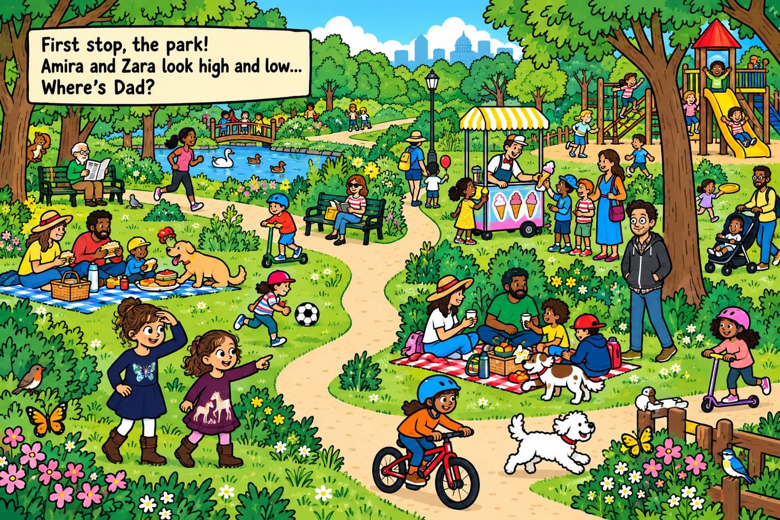 A busy park spread: “First stop, the park! Amira and Zara look high and low… Where’s Dad?” Families picnic, children play, and Dad in a grey hoodie strolls among them.