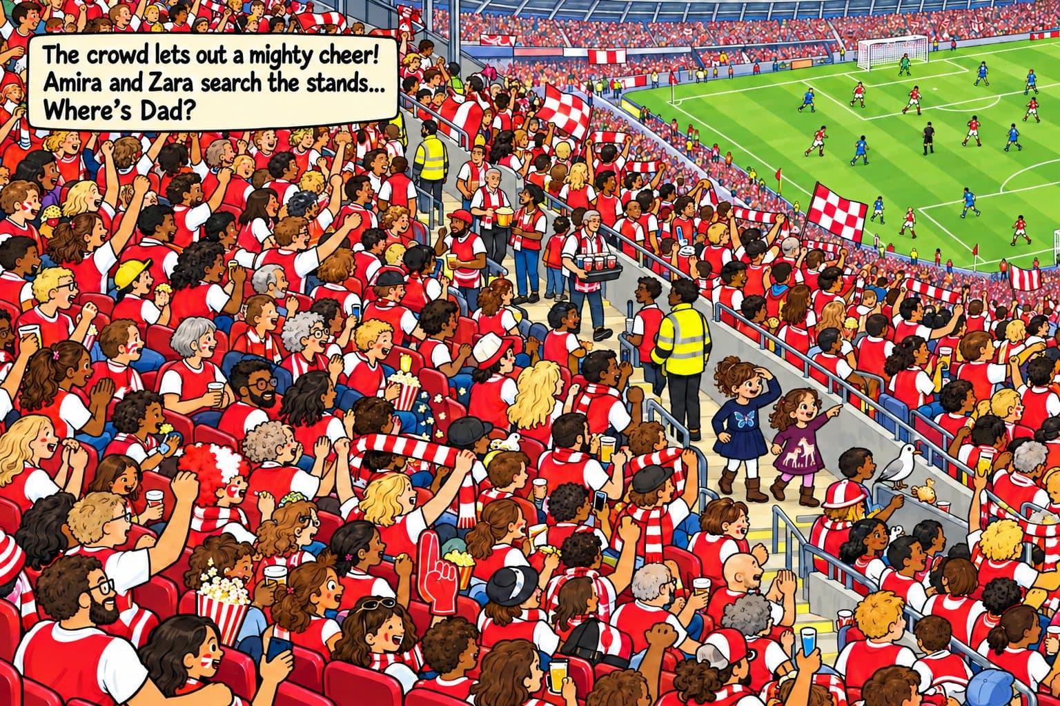 A football stadium spread packed with fans in red: “The crowd lets out a mighty cheer! Amira and Zara search the stands… Where’s Dad?”